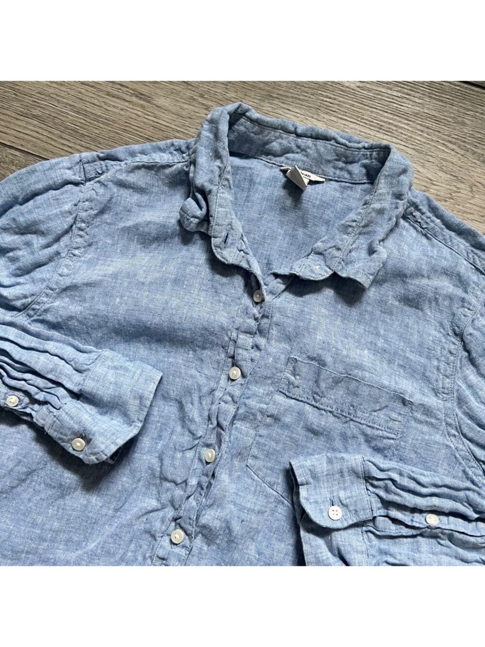 L.L.Bean Women's S 100% Linen Button Up Shirt Light Blue Long Sleeve
